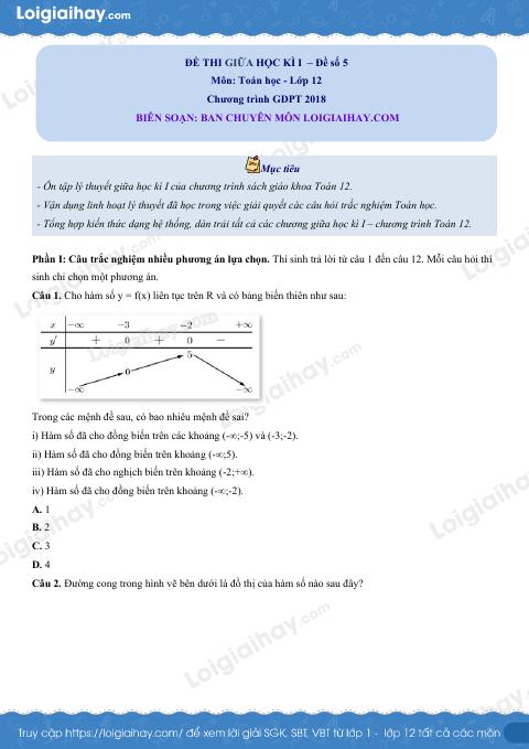 Đề thi giữa kì 1 Toán 12 - Đề số 5